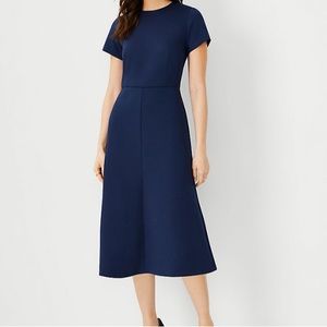 Ann Taylor Midi Flare Dress in Double Knit Size 14 Navy Blue Back Zipper detail